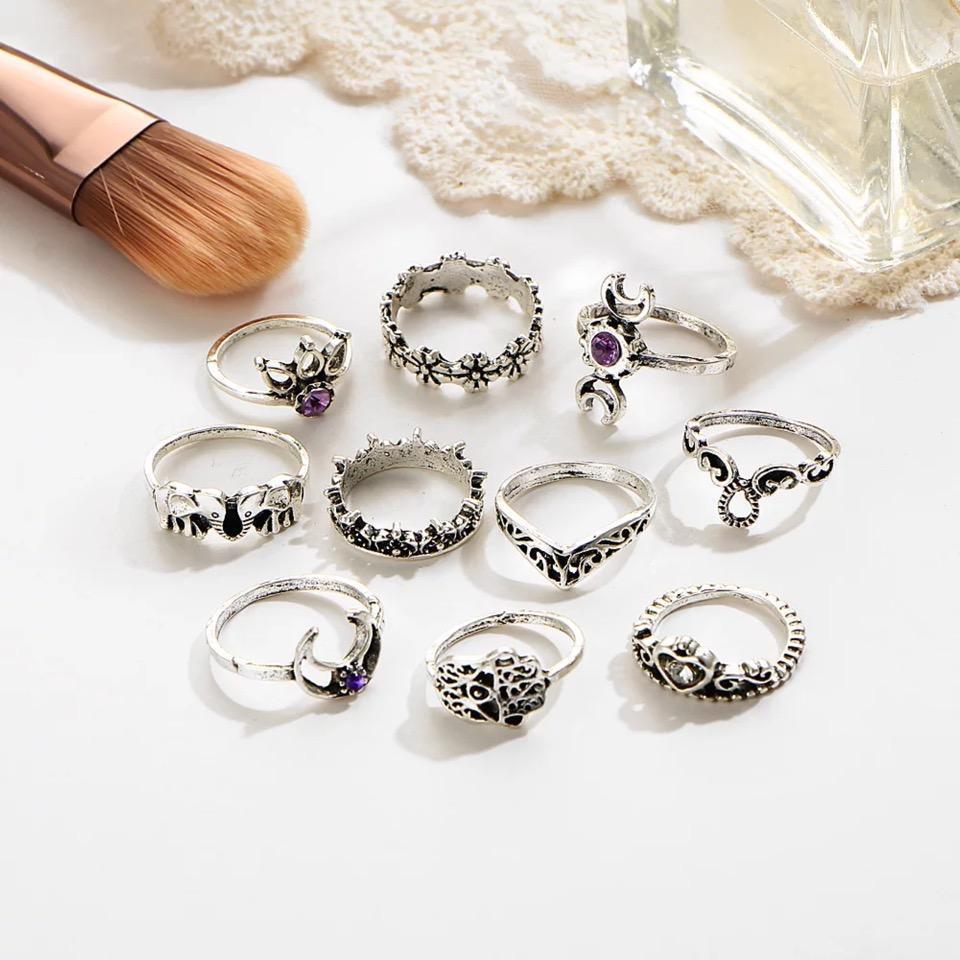 10 pcs/set vintage beach ring punk hollow elephant sun flower rings set carved boho midi finger jewelry