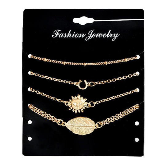 4 pcs/set Tibetan jewelry boho style gold color chain leaf sunflower pattern bracelets set for party