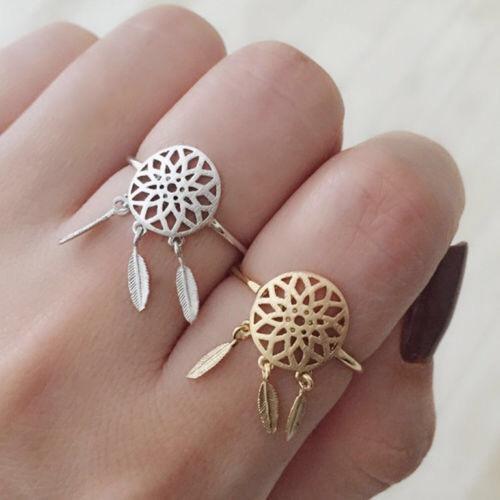 Dreamcatcher Hollow feather Adjustable alive gold and silver alloy ring