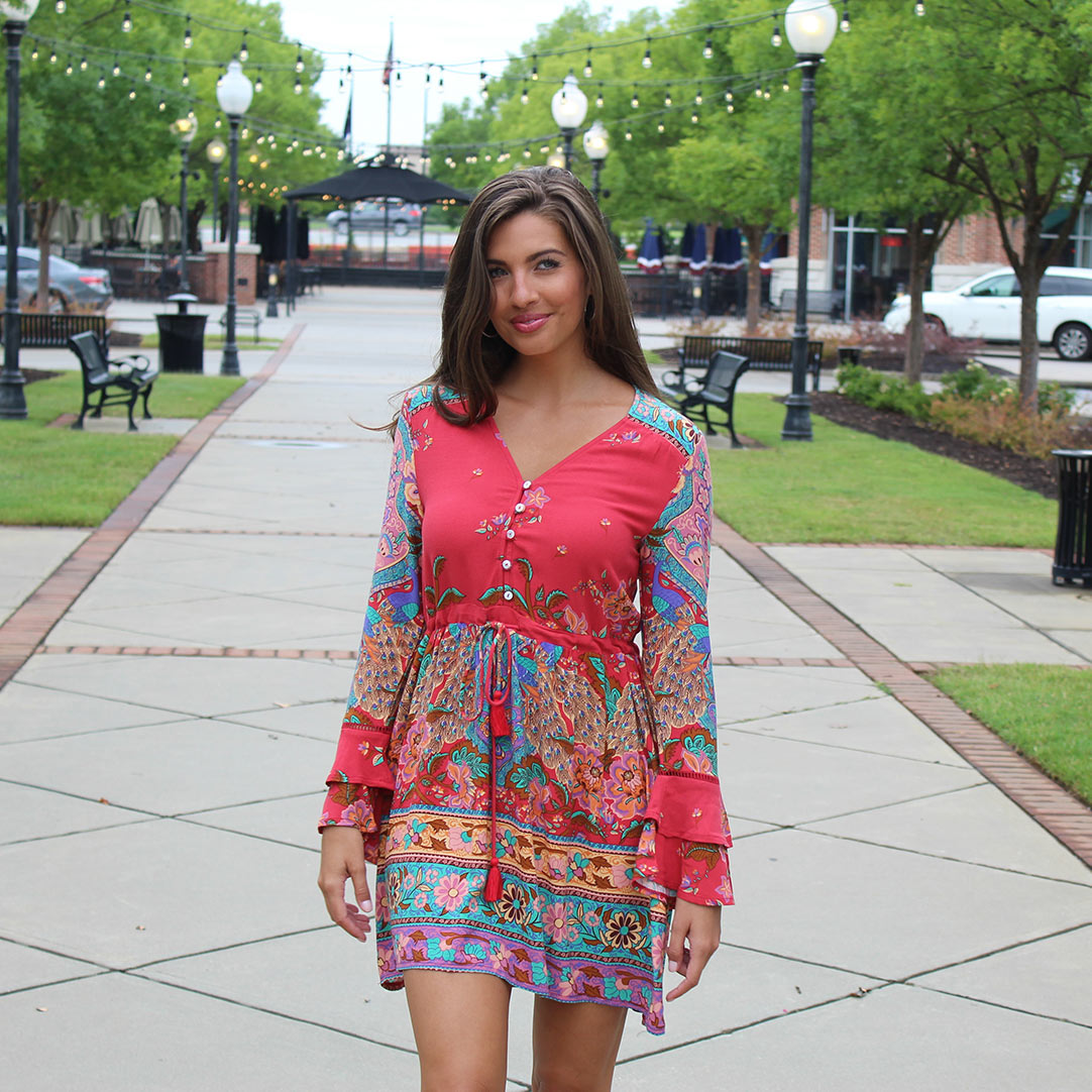 Boho Red Floral Print Flare Sleeve Mini Dress