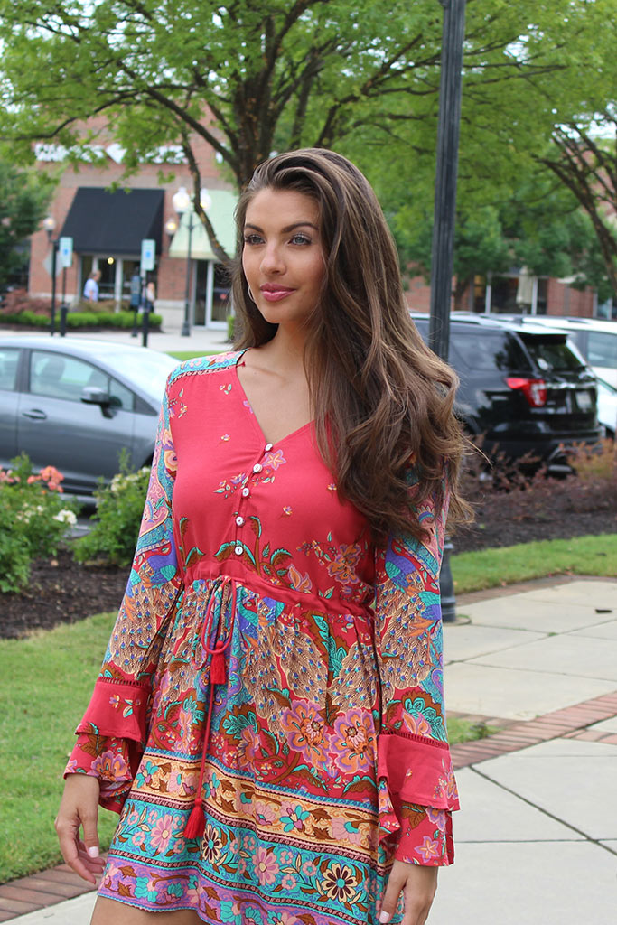 Boho Red Floral Print Flare Sleeve Mini Dress