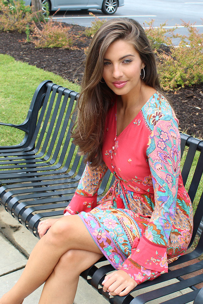 Boho Red Floral Print Flare Sleeve Mini Dress