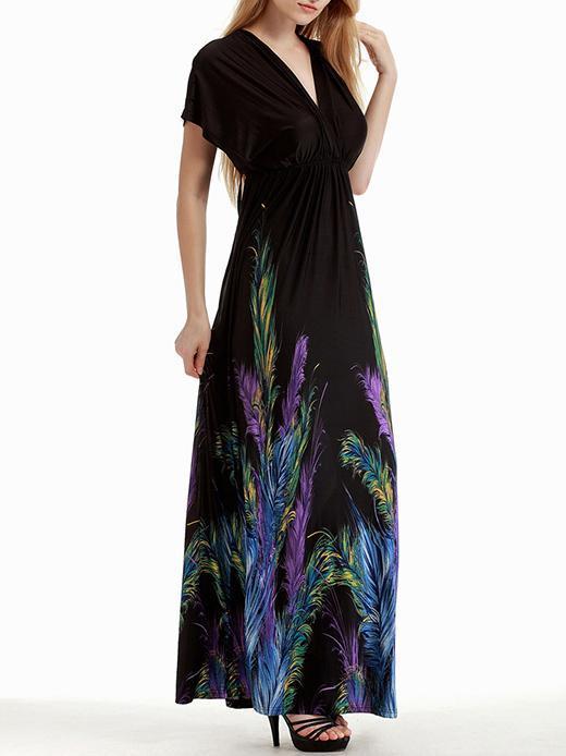 Plus Bohemia Printed V-neck&V-back Maxi Dress