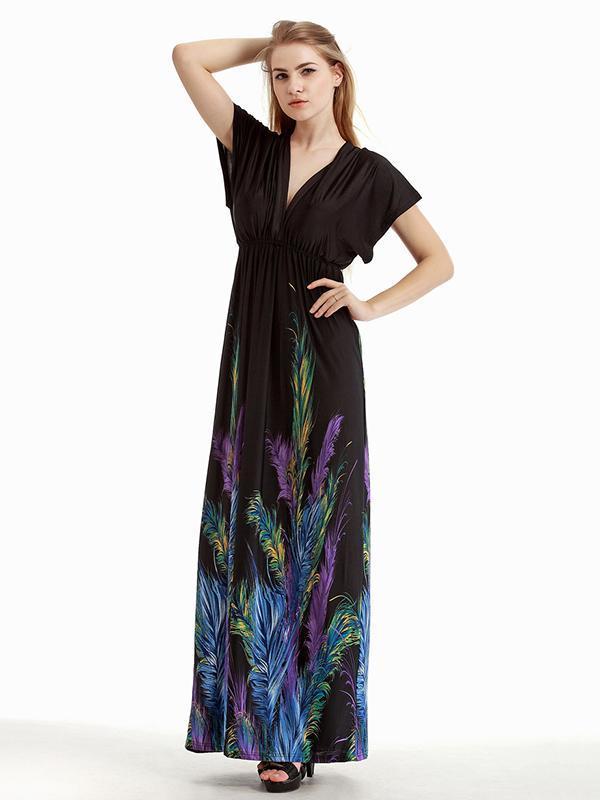 Plus Bohemia Printed V-neck&V-back Maxi Dress