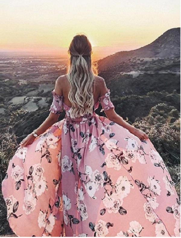 Sexy Off Shoulder High Split Floral Boho Causal Dress