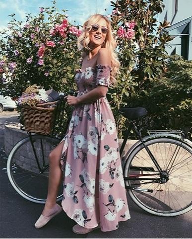 Sexy Off Shoulder High Split Floral Boho Causal Dress