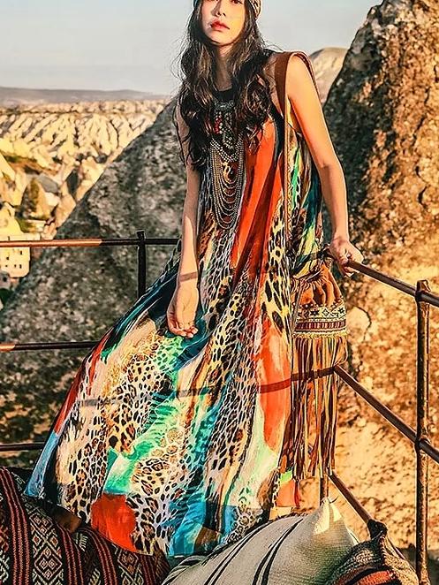 Bohemian Vintage Ethnic Long Skirt Chiffon Oil Color Printed Temperament Dress