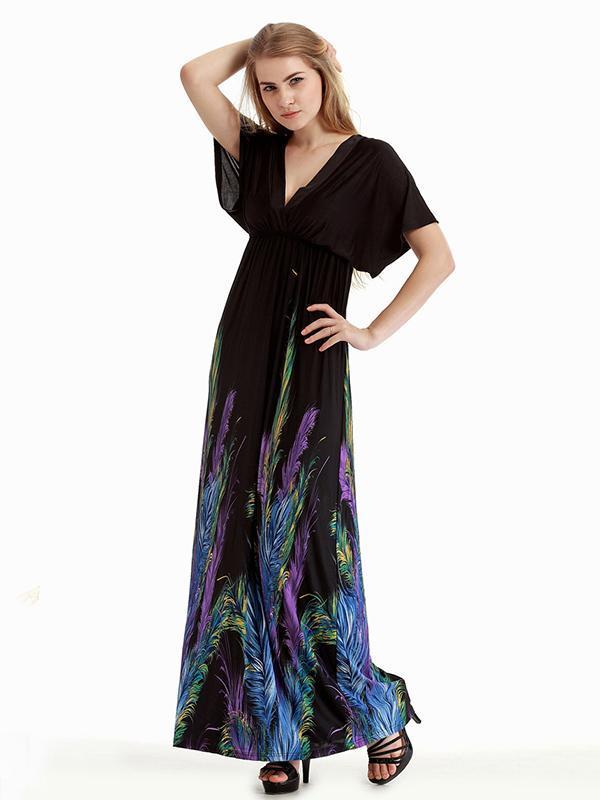 Plus Bohemia Printed V-neck&V-back Maxi Dress