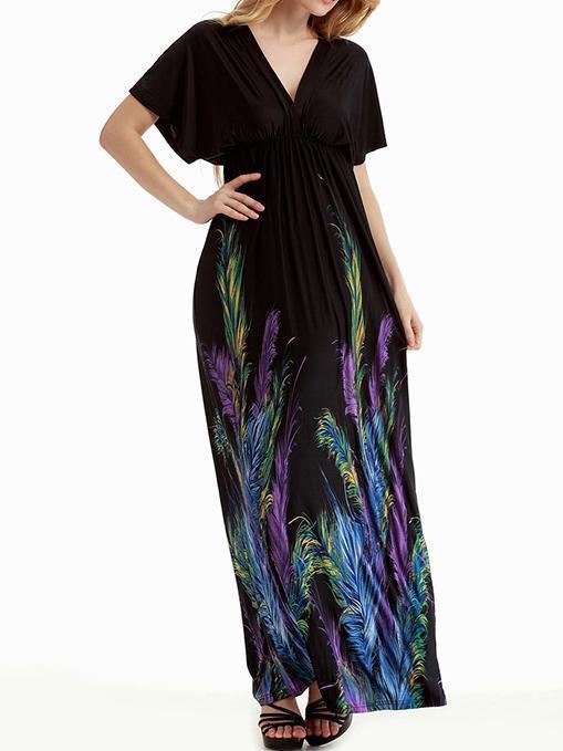 Plus Bohemia Printed V-neck&V-back Maxi Dress