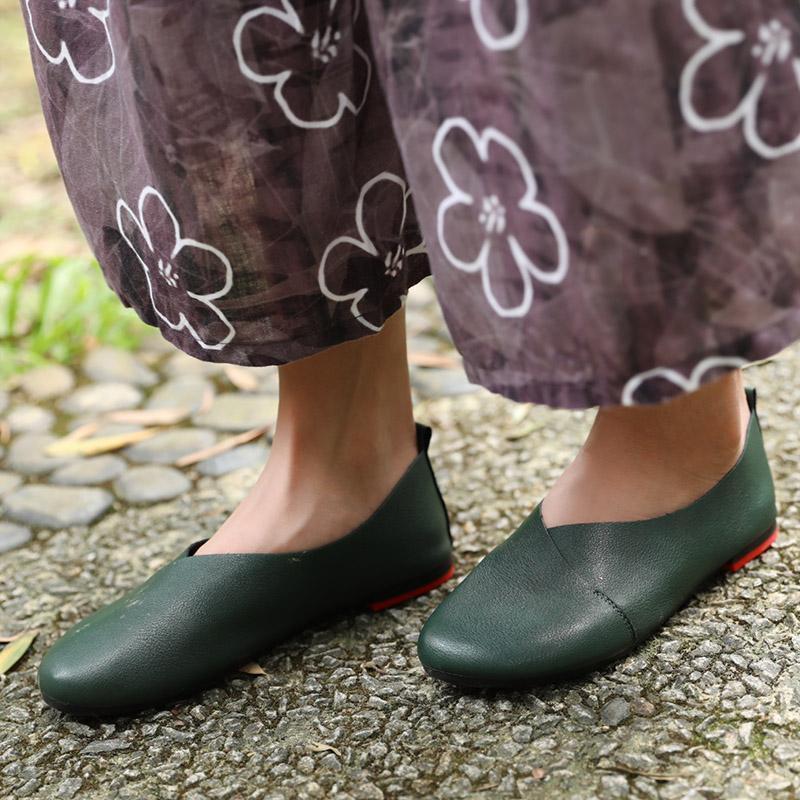 Fashion Genuine Leather Portable Green Single Shoes For Women