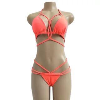 Strap knit button back bikini swimsuit with 14 colors