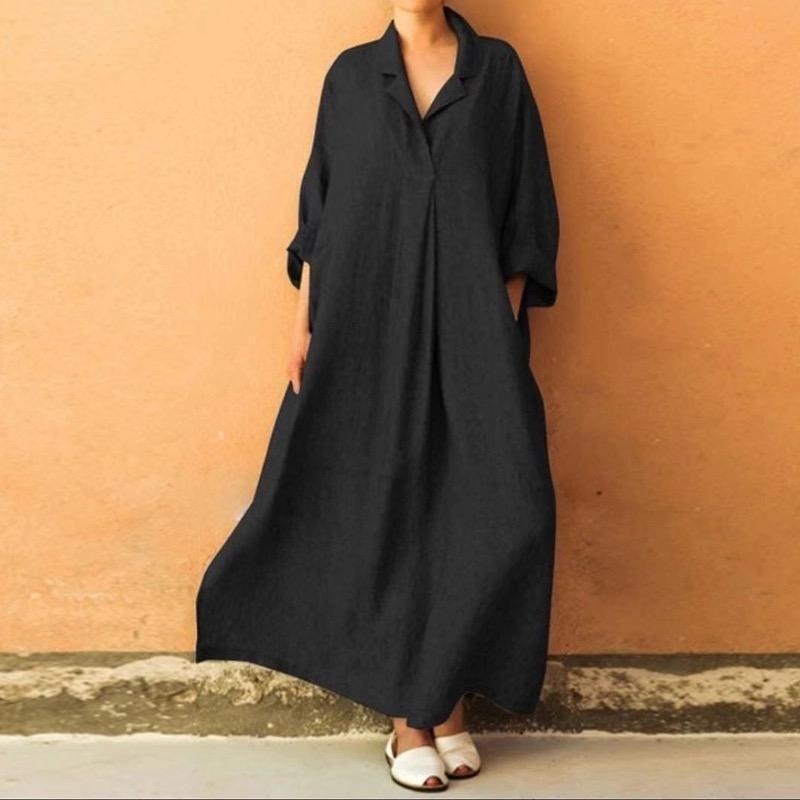 Plus Size Three Colors Ramie Cotton Lapel Linen Loose Long Dress