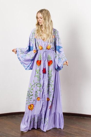 Summer New Arrival Flower embroidery V-neck large Morning glory sleeve dress Goddess dress