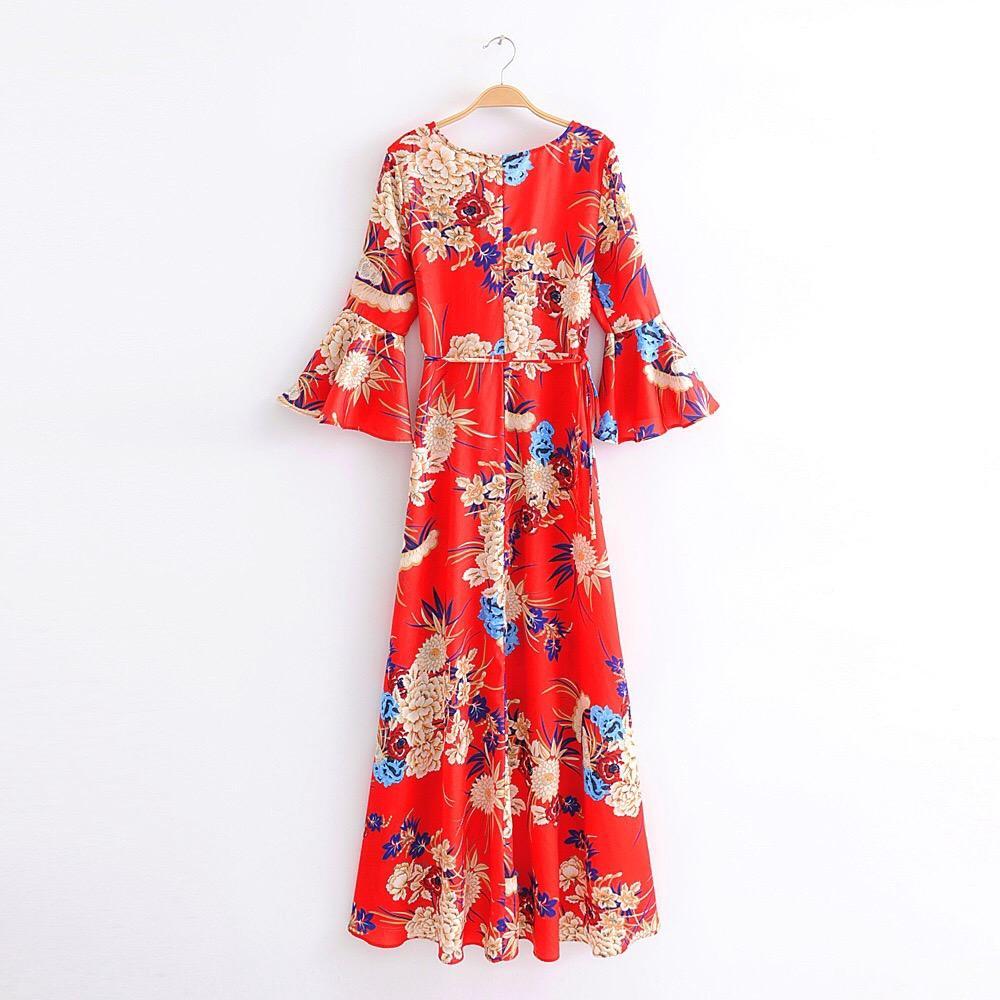 2018 New Arrival V-neck flared sleeve print dress holiday Bohemia dress