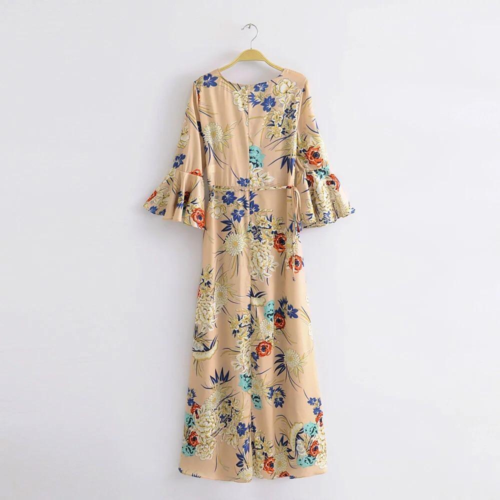 2018 New Arrival V-neck flared sleeve print dress holiday Bohemia dress