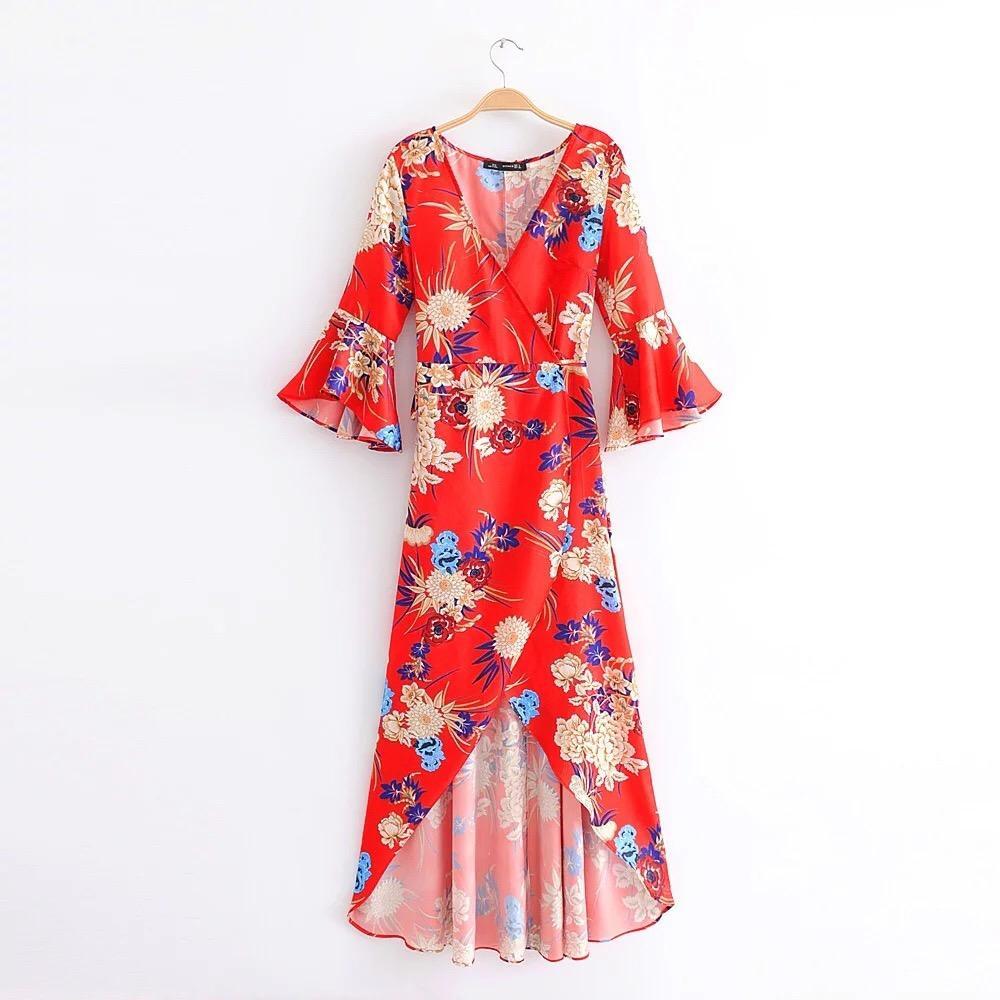 2018 New Arrival V-neck flared sleeve print dress holiday Bohemia dress