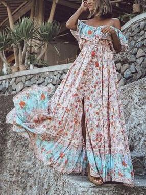 Off-the-shoulder Bohemia Maxi Chiffon Floral Print Dress Beach Style Vacation Dress