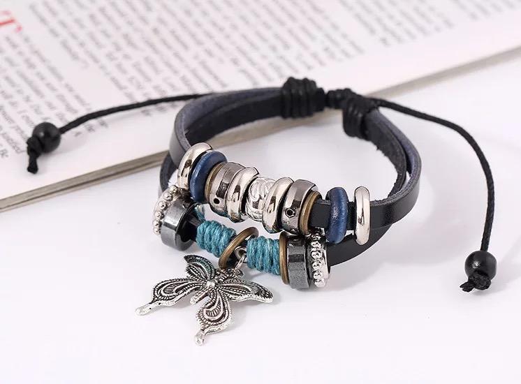 1PCS Fashion Women Men Vintage Multilayer Butterfly Wood Bead Leather Braided Strand Bracelet