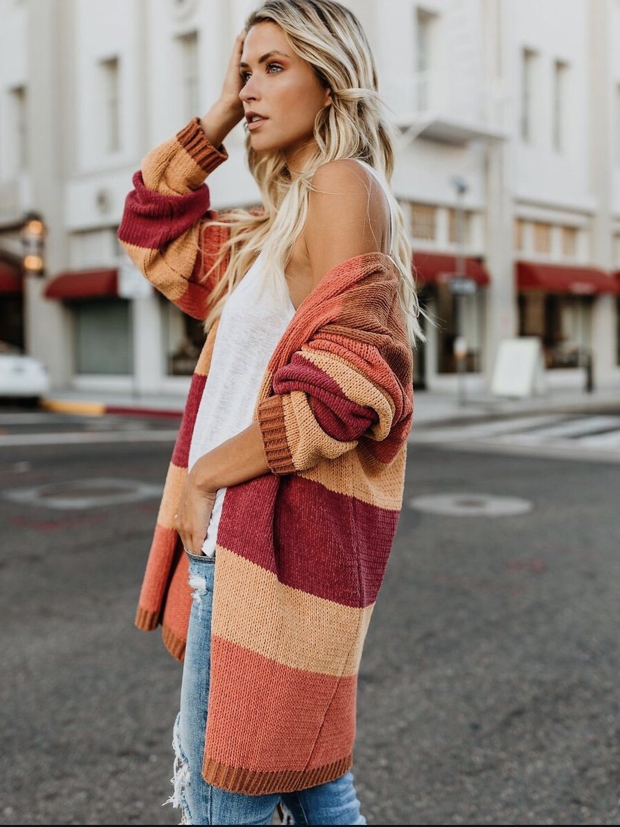 Loose Striped Cardigan Tops