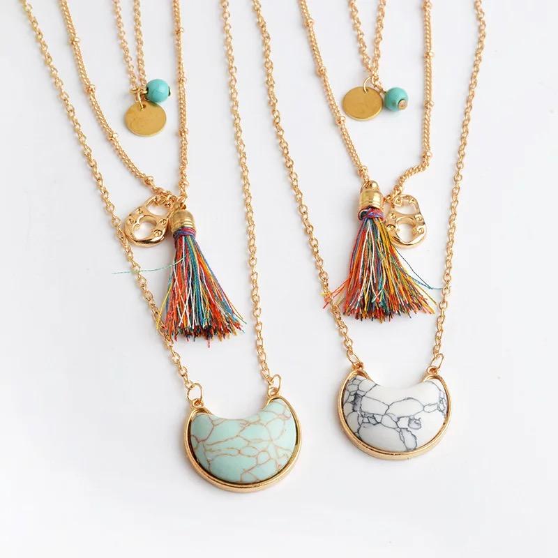 MULTILAYER STONE PENDANT Colorful Bohemia Style Tassel Necklace