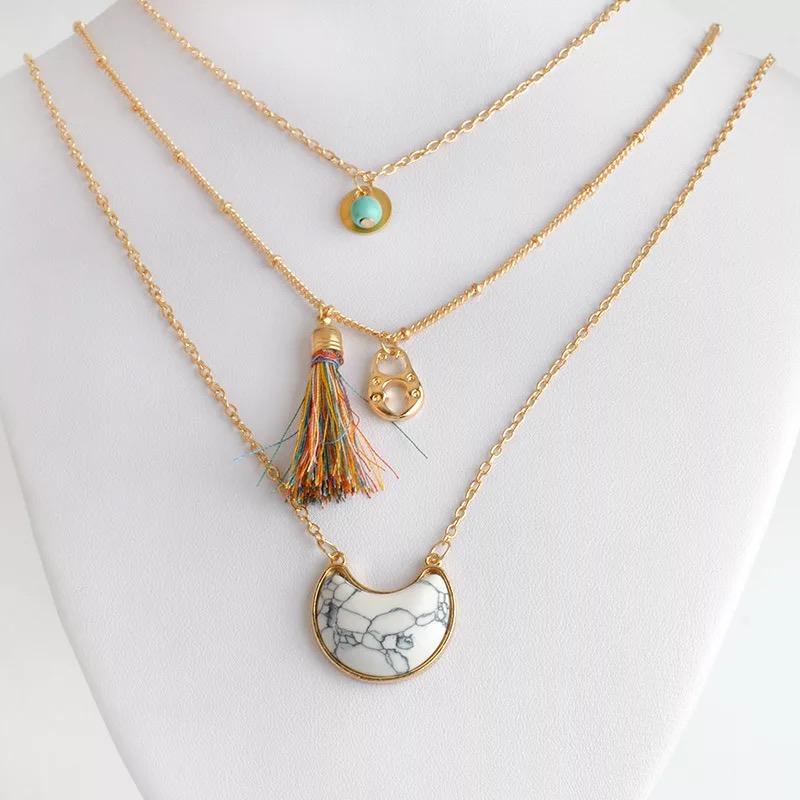 MULTILAYER STONE PENDANT Colorful Bohemia Style Tassel Necklace