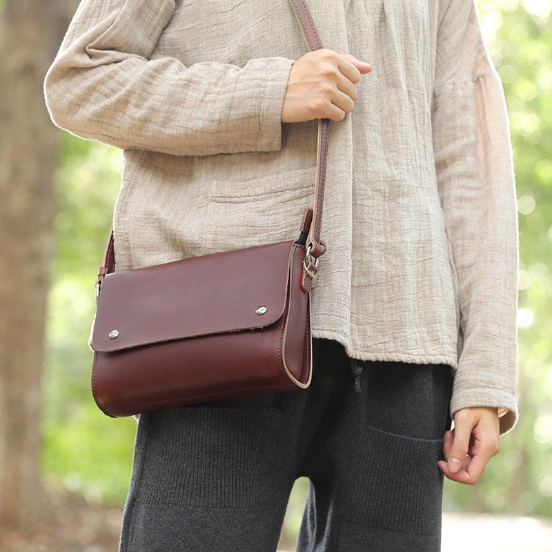 Vintage Cowhide Two Magnetic Buckles Red Brown Shoulder Bag For Women