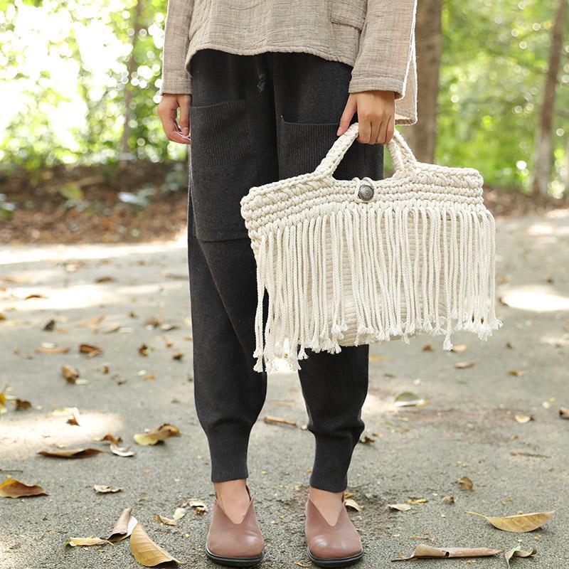 Delicate Cotton Linen Knitted Black And White Two Colors Tassel Handbag