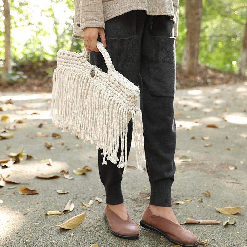 Delicate Cotton Linen Knitted Black And White Two Colors Tassel Handbag