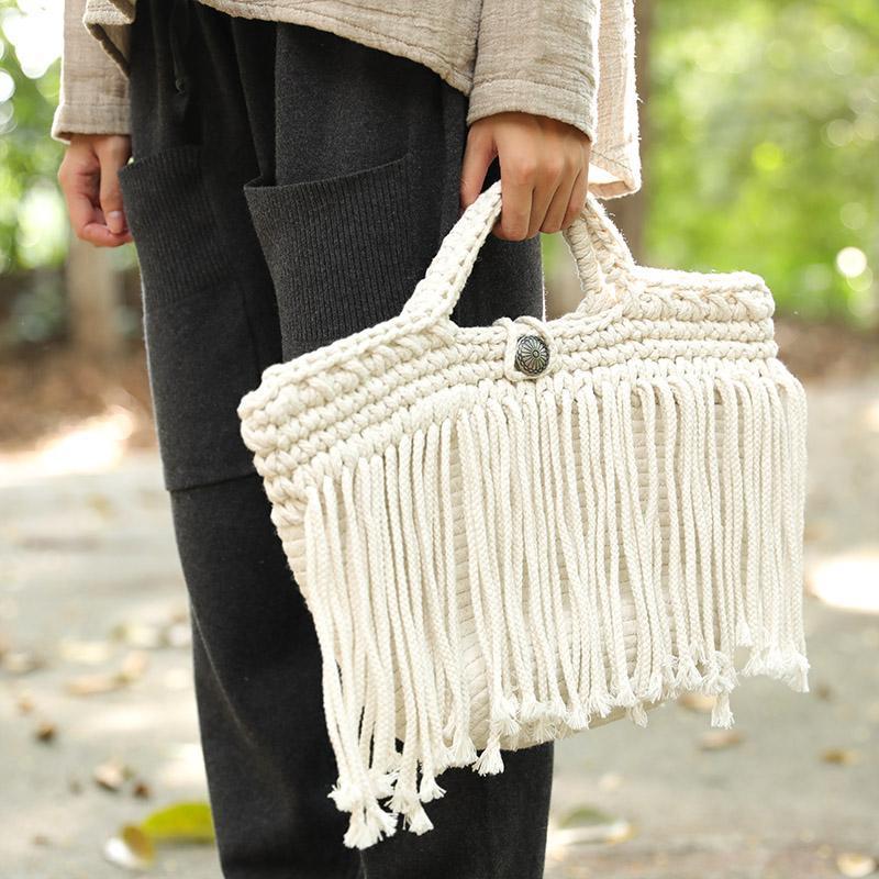 Delicate Cotton Linen Knitted Black And White Two Colors Tassel Handbag