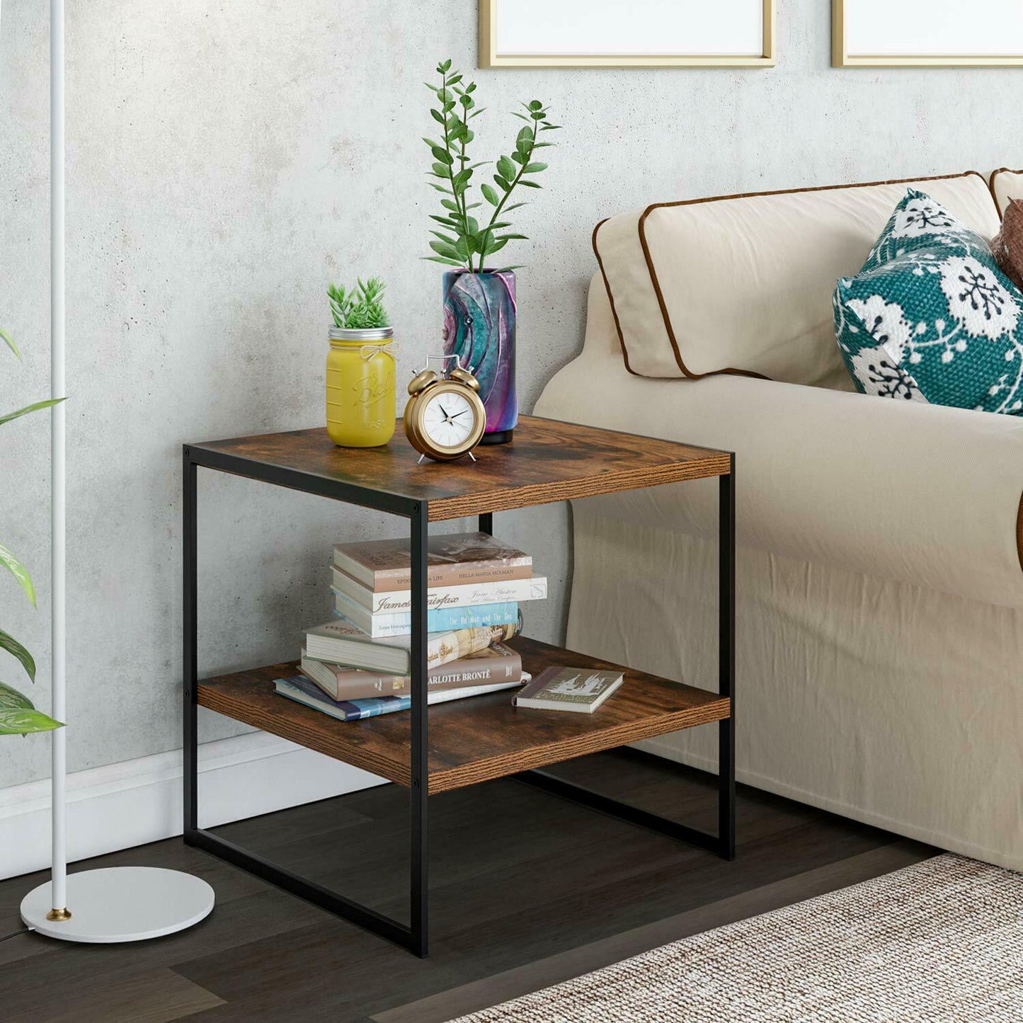 Industrial Bedside Table Corner Desk Rustic Coffee Table with Storage Cabinet Vintage Metal Side End Table Unit Indoor Furniture