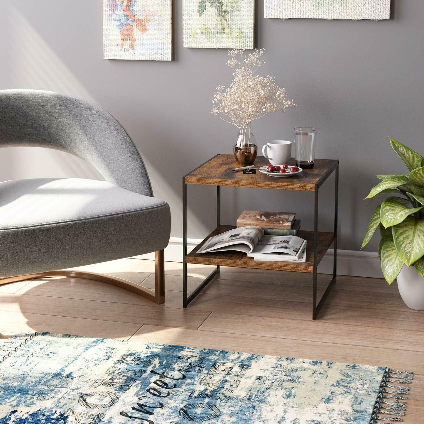 Industrial Bedside Table Corner Desk Rustic Coffee Table with Storage Cabinet Vintage Metal Side End Table Unit Indoor Furniture