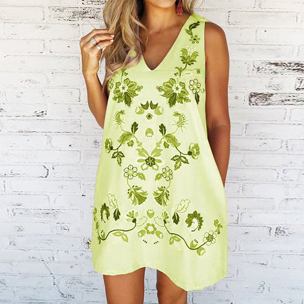 Floral Print  Women Fashion V-neck Sleeveless Casual Loose Summer  Loose A-line Party Dress