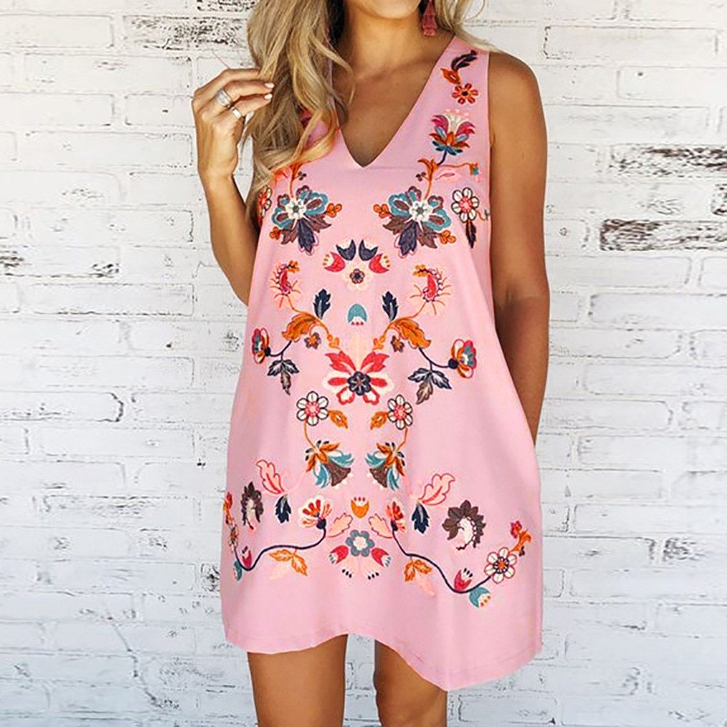 Floral Print  Women Fashion V-neck Sleeveless Casual Loose Summer  Loose A-line Party Dress