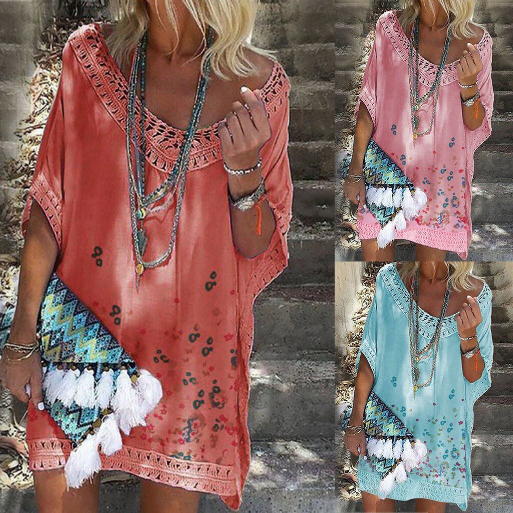 Women Summer Fashion Dresses Print Bat Short Sleeve Low Cut Beachwear Casual Loose Mini Boho Dress Sexy Sundress