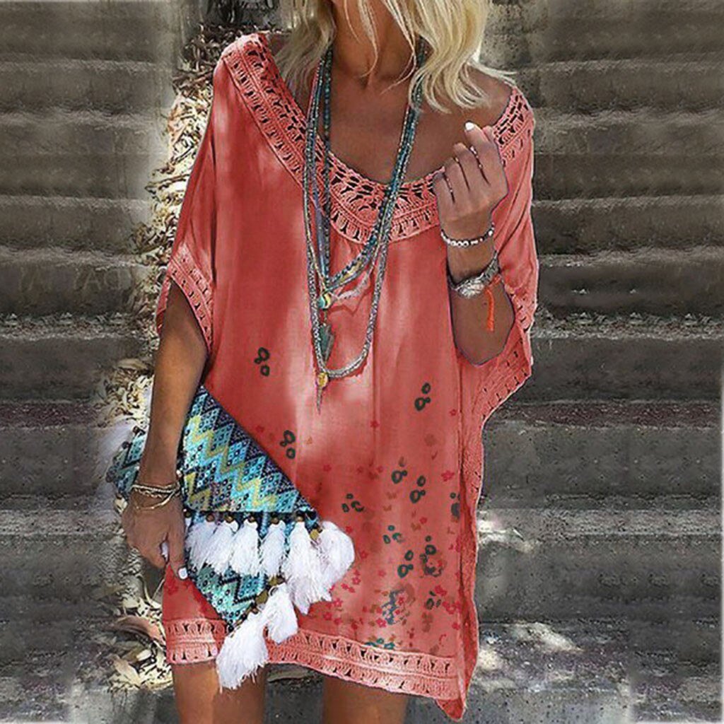 Women Summer Fashion Dresses Print Bat Short Sleeve Low Cut Beachwear Casual Loose Mini Boho Dress Sexy Sundress