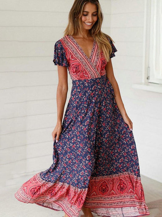 Jastie Vintage Floral Print Maxi Dress Summer Short Sleeve V-Neck Wrap Dresses Casual Beach Long Dress Boho Chic Women Vestidos