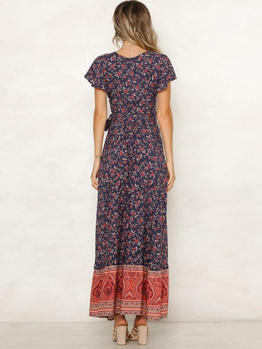 Jastie Vintage Floral Print Maxi Dress Summer Short Sleeve V-Neck Wrap Dresses Casual Beach Long Dress Boho Chic Women Vestidos