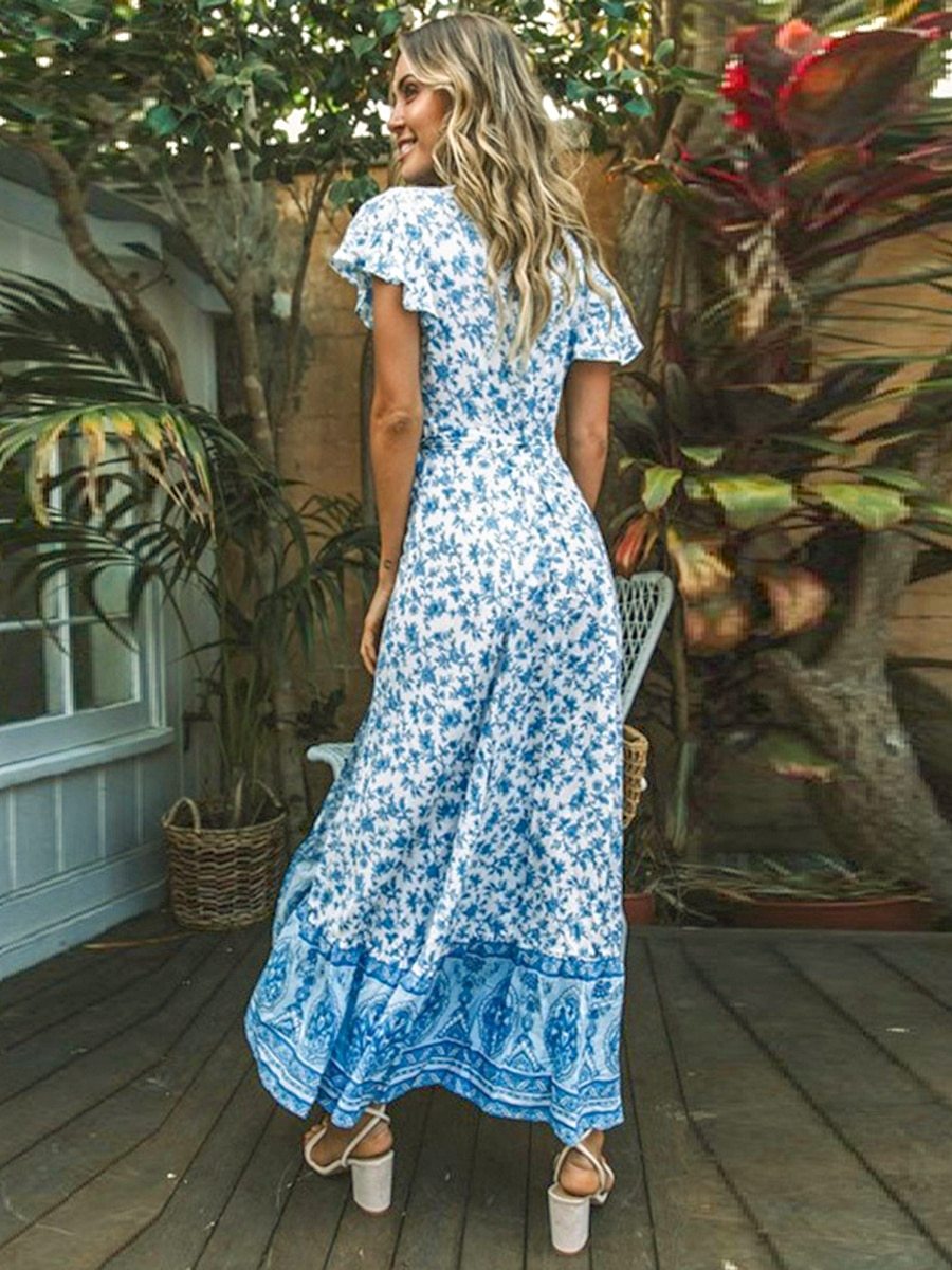 Jastie Vintage Floral Print Maxi Dress Summer Short Sleeve V-Neck Wrap Dresses Casual Beach Long Dress Boho Chic Women Vestidos