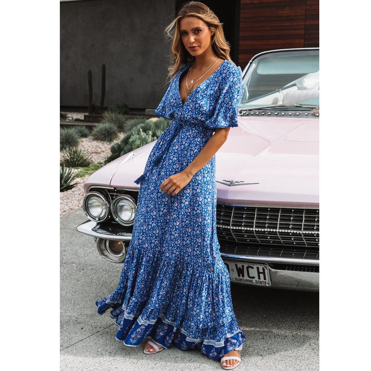 Jastie Vintage Print Maxi Dress Waist tie Ruffle Hem Boho Dresses Women Beach Long Dresses V-Neck Short Sleeve Summer Dress