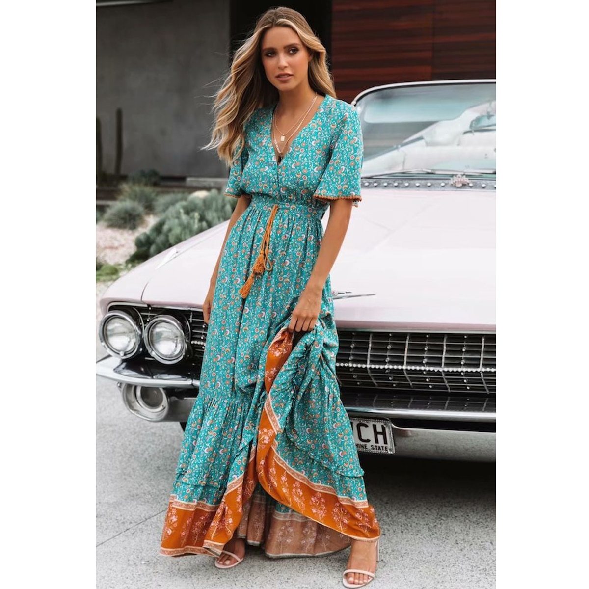 Jastie Vintage Print Maxi Dress Waist tie Ruffle Hem Boho Dresses Women Beach Long Dresses V-Neck Short Sleeve Summer Dress