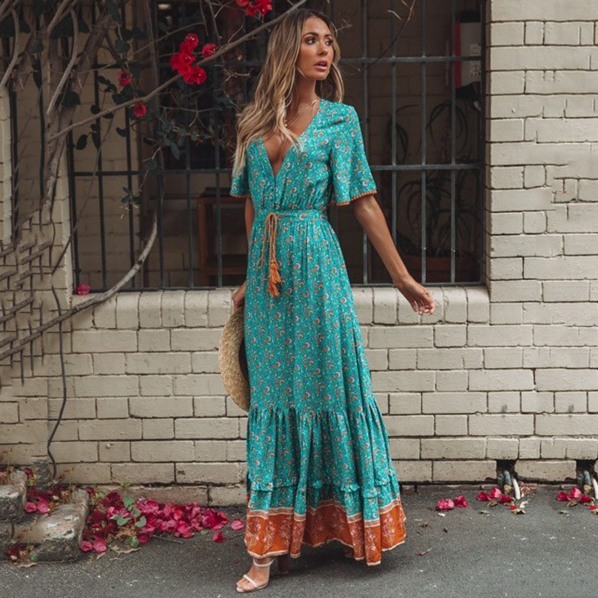 Jastie Vintage Print Maxi Dress Waist tie Ruffle Hem Boho Dresses Women Beach Long Dresses V-Neck Short Sleeve Summer Dress