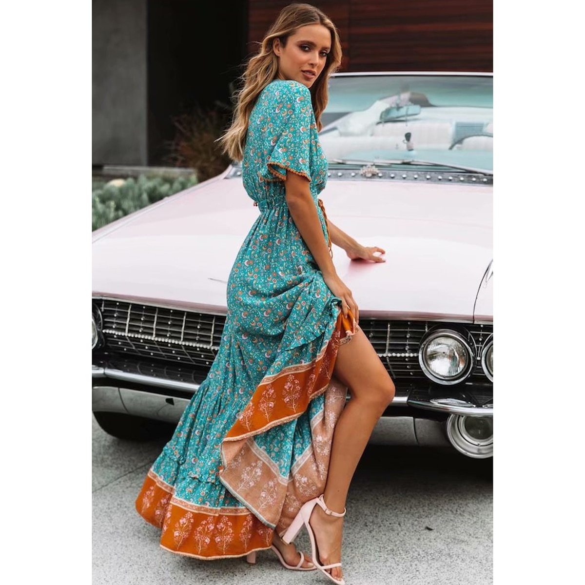 Jastie Vintage Print Maxi Dress Waist tie Ruffle Hem Boho Dresses Women Beach Long Dresses V-Neck Short Sleeve Summer Dress
