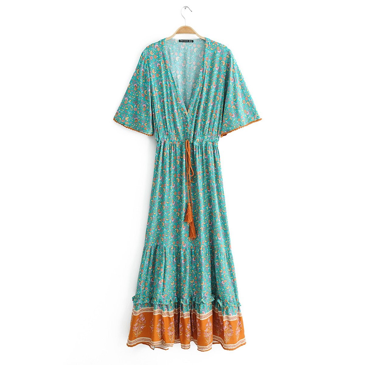 Jastie Vintage Print Maxi Dress Waist tie Ruffle Hem Boho Dresses Women Beach Long Dresses V-Neck Short Sleeve Summer Dress