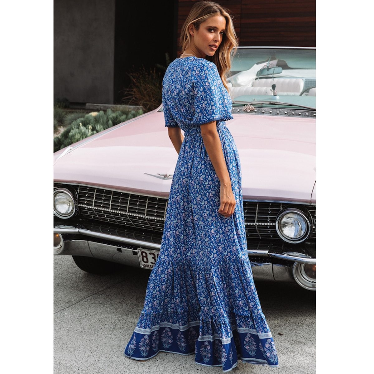 Jastie Vintage Print Maxi Dress Waist tie Ruffle Hem Boho Dresses Women Beach Long Dresses V-Neck Short Sleeve Summer Dress