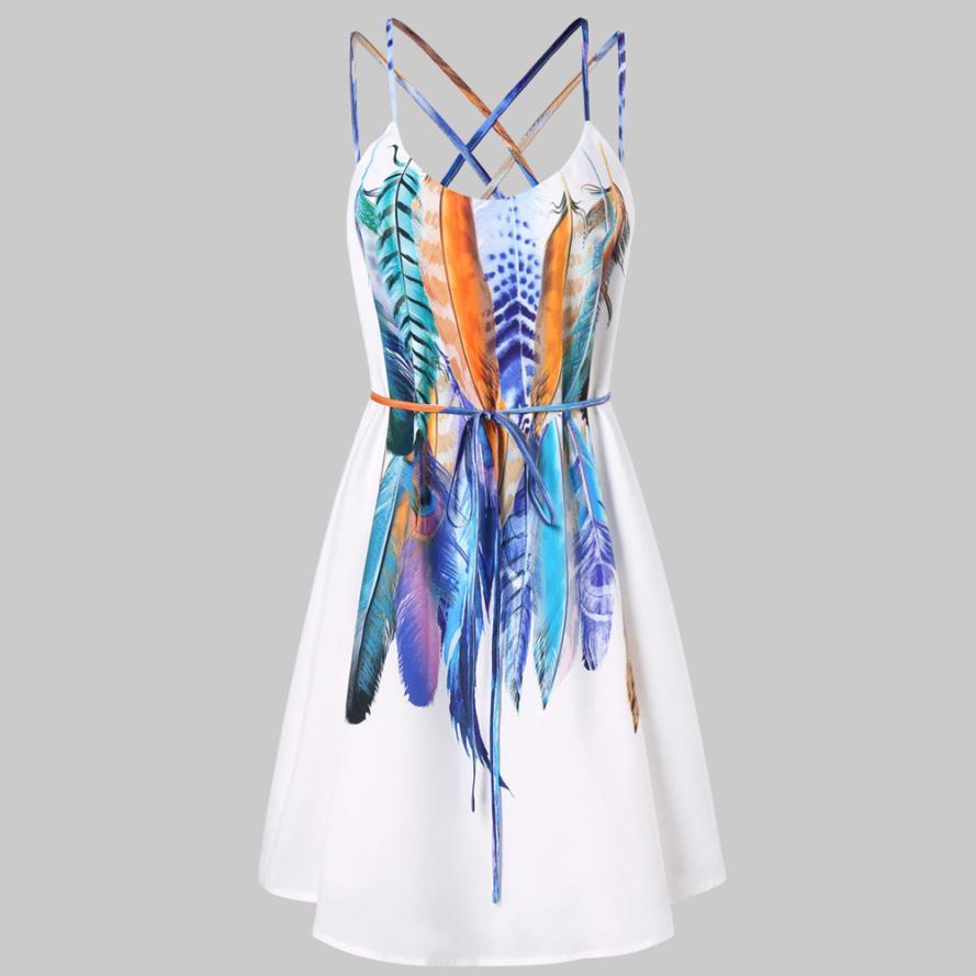 Women Casual Printed Feathers Pattern Dress Cami Strap Loose Sashes fashion Mini dress women