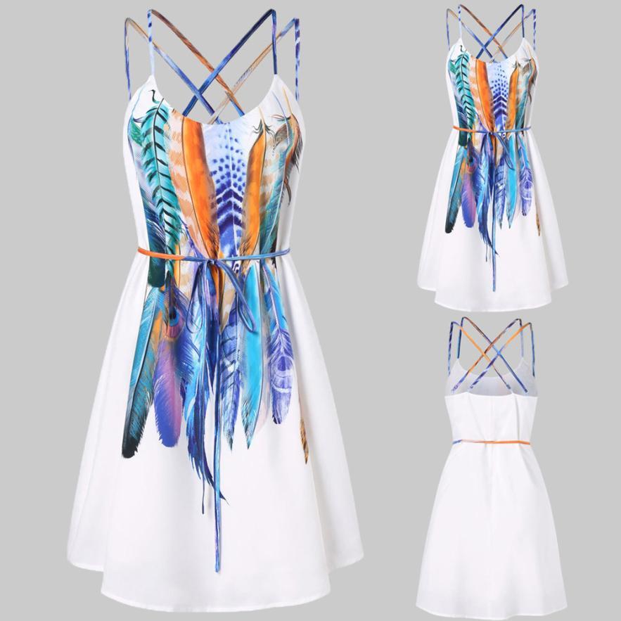 Women Casual Printed Feathers Pattern Dress Cami Strap Loose Sashes fashion Mini dress women