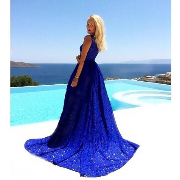 Blue Round Neck Sleeveless Evening Long Dress