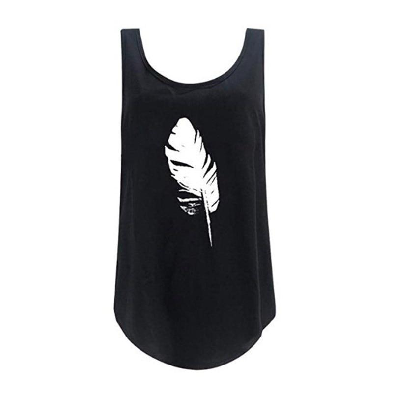 Women's Casual Sleeveless O-Neck Pullover Feather Print Tank Top Loose Vest T-Shirt