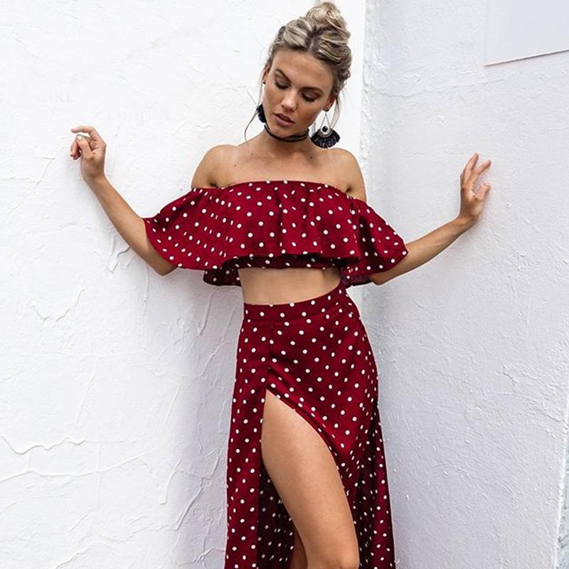 Vintage Dot Off Shoulder Red Split Dress