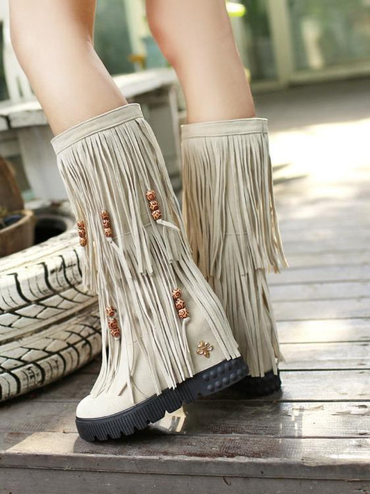 Women Boho Winter Tassel Warm Hidden Heel Long Boots